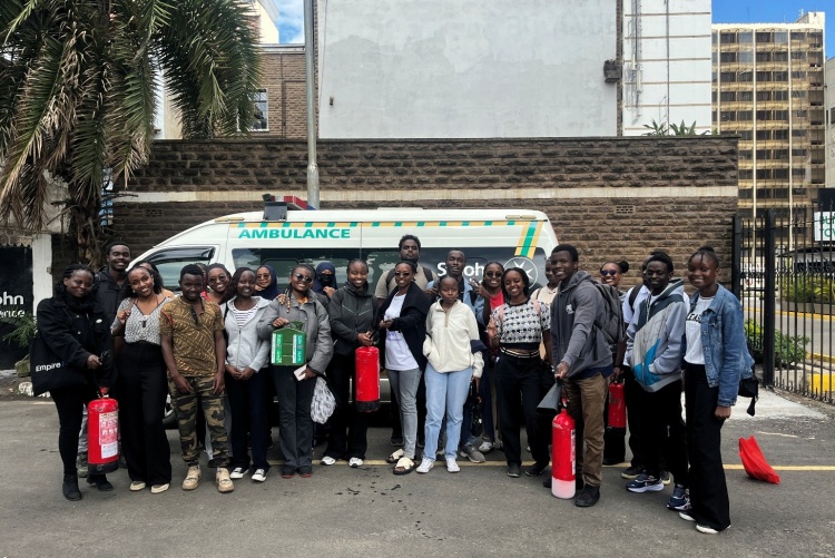 Members of UoN First Aid Club at the St John Ambulance Kenya Headquarters for the Fire rescue marshal training.