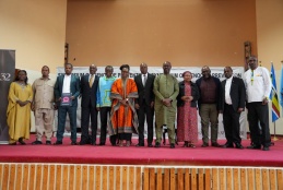 Ambassador Ernest Rwamucyo, the High Commissioner of Rwanda to Kenya flanked by Prof. PLO Lumumba, Senator Sylvia Kassanga and panel members who spoke at the Symposium on genocide at UoN on 22nd April 2026.