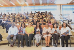 Associate Dean Undergraduate Studies Prof. Rose Kosgei with the speakers at the Breastfeeding bootcamp, Dr. Grace Irimu and students at the event.